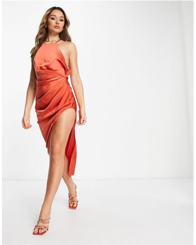 ASOS Satin Halter Ruched Waist Midi Dress With High Split - Orange