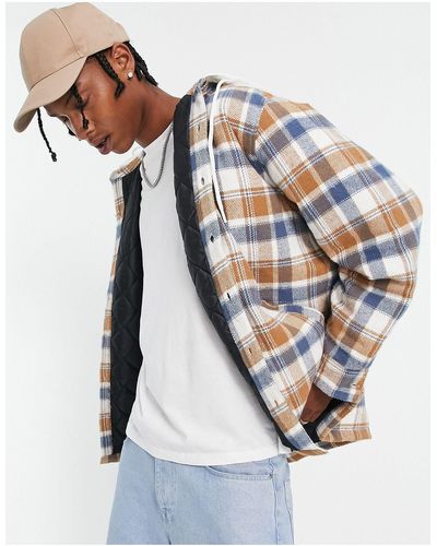 TOPMAN Flannel Check Overshirt With Hood - White