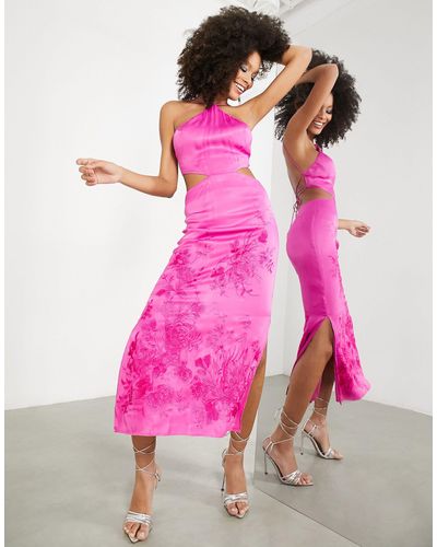 ASOS Midi-jurk Van Satijn Met Halternek, Borduurwerk En Uitsnijding Op - Roze