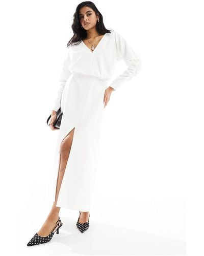 ASOS V Neck Long Sleeve Blouson Midi Dress With Front Split - White