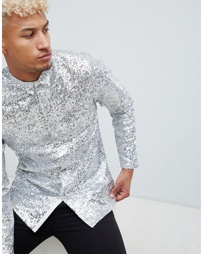 ASOS Regular Fit Silver Sequin Shirt - Metallic