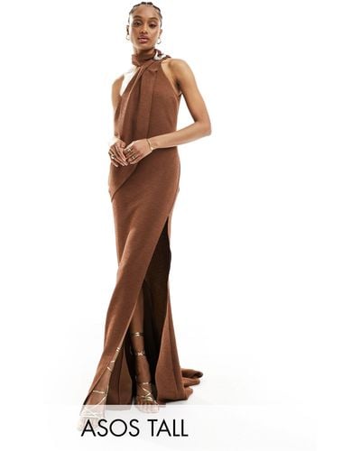 ASOS Asos Design Tall High Neck Maxi Dress With Silver Neck Trim - Brown