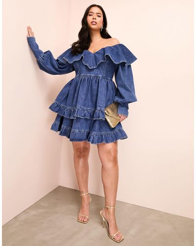 ASOS Curve Denim Ruffle Plunge Tiered Mini Dress With Diamante Buttons - Blue