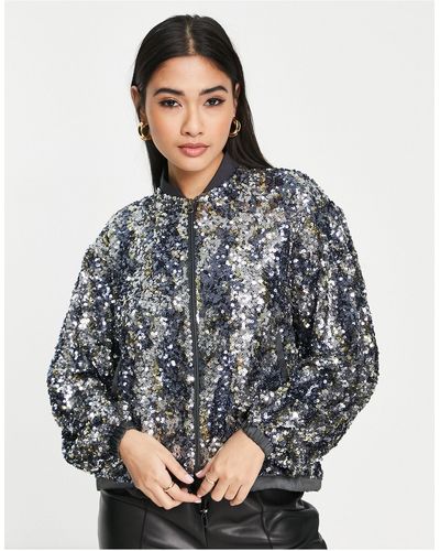 French Connection Binalo Sequin Bomber Jacket Co-ord - Gray