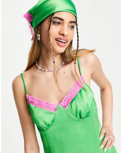 Collusion Satin Slip Dress With Lace Trim - Green