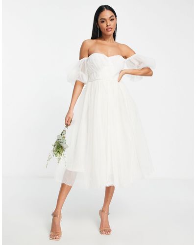 LACE & BEADS Bridal Off Shoulder Midi Puff Dress - White