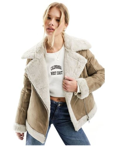 French Connection Faux Leather Aviator Jacket - Natural