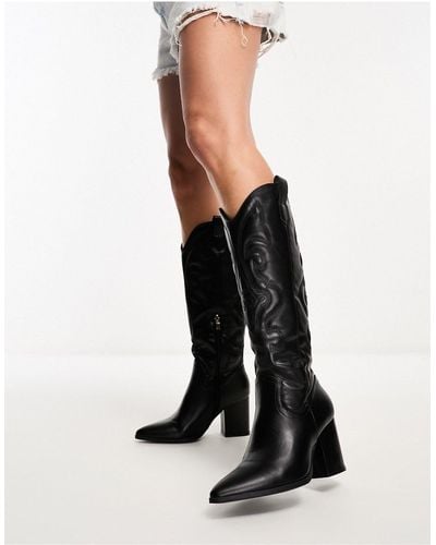 Glamorous Western Heeled Knee Boots - Black