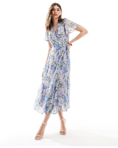 & Other Stories Flutter Sleeve Midi Dress With Tiered Hem - Blue