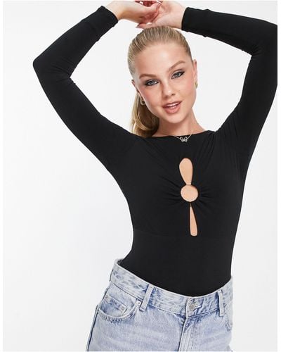 New Look Ring Cut Out Long Sleeved Bodysuit - Black