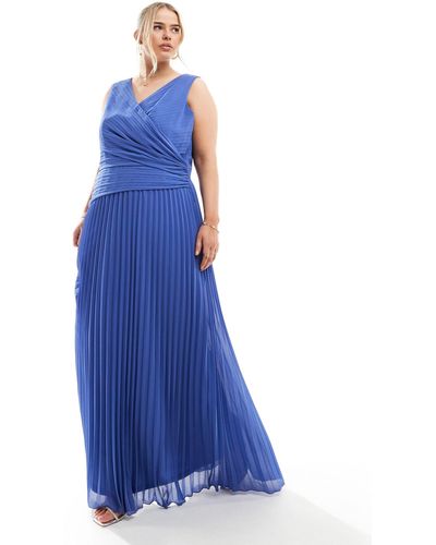 Tfnc Plus Bridesmaid Chiffon Wrap Front Pleated Maxi Dress - Blue