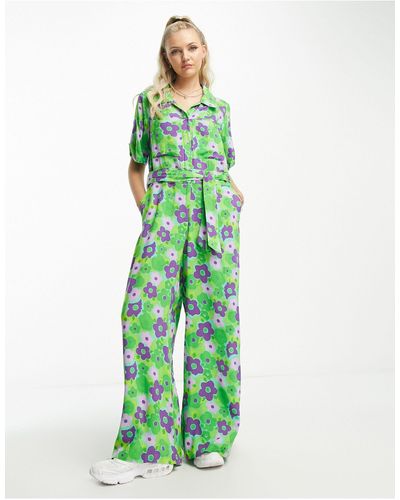 Native Youth Bold Floral Belted Boilersuit - Green