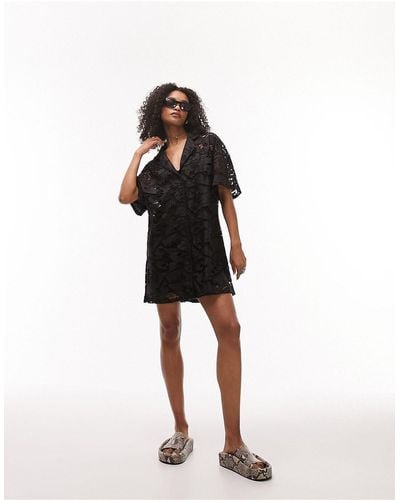 TOPSHOP Embroidered Lace Shirtdress - Black