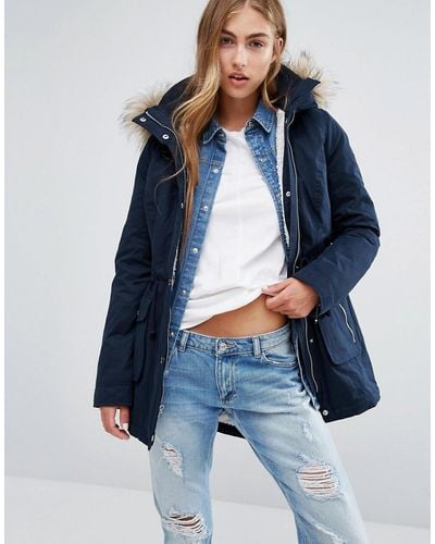 Hollister Sherpa Lined Parka Coat With Faux Fur Trim Hood - Navy - Blue