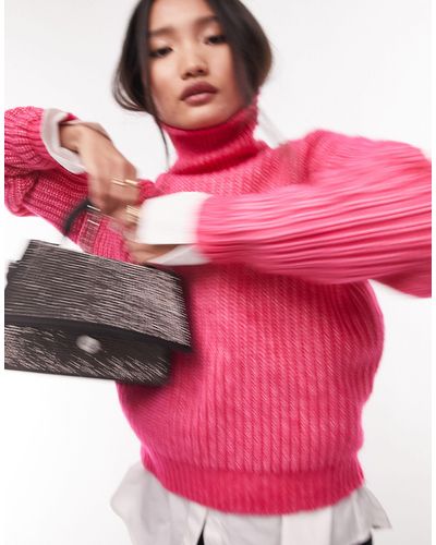 TOPSHOP Knitted Cropped Roll Neck Jumper - Pink