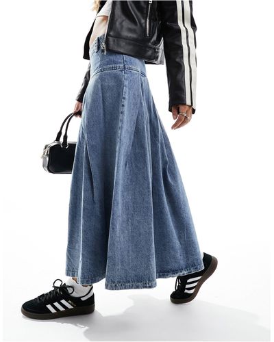 Urban Revivo Pleat Detail Denim Midaxi Skirt - Blue