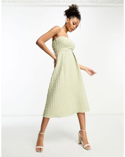 ASOS Textured Bandeau Cut Out Back With Tie Detail Midi Skater Dress - Natural