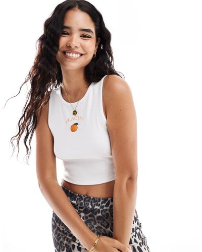 Pieces Embroidered 'peachy' Cropped Singlet Top - White