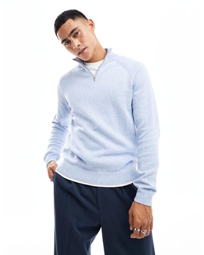 ASOS Knitted Midweight Cotton 1/4 Zip Jumper - Blue