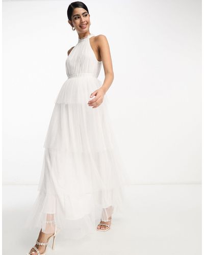 Vila Bridal Halterneck Tulle Midi Dress With Tiered Skirt - White