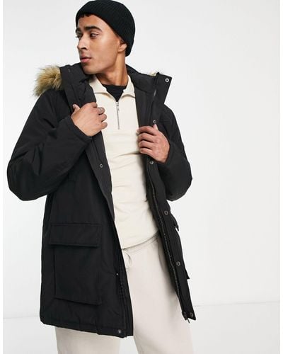 New Look Faux Fur Trim Hooded Parka - Black