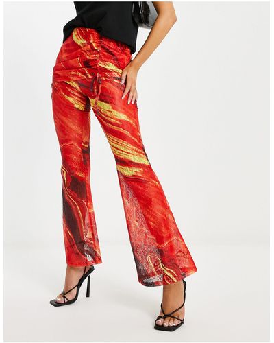 Annorlunda Lava Print Lace Skirt Overlay Pants - Red