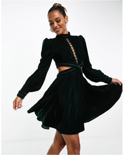 ASOS High Neck Lace Insert Velvet Mini Dress With Cut Out - Black