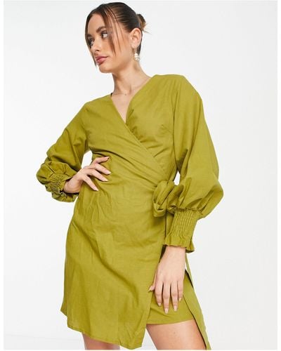 Never Fully Dressed Balloon Sleeve Shirt Mini Dress - Green