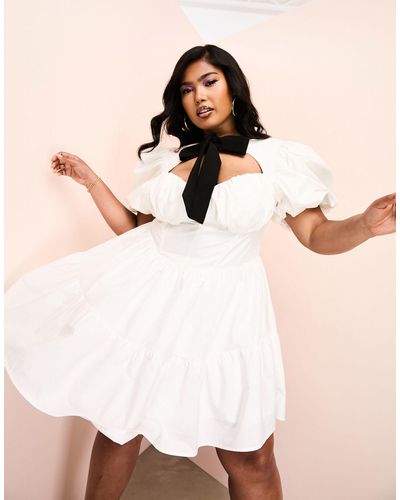 ASOS Curve Corseted Cotton Poplin Mini Dress With Contrast Velvet Pussybow And Puff Sleeve - Natural