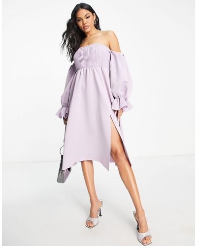 ASOS Shirred Bardot Blouson Sleeve Prom Midi Dress - Purple