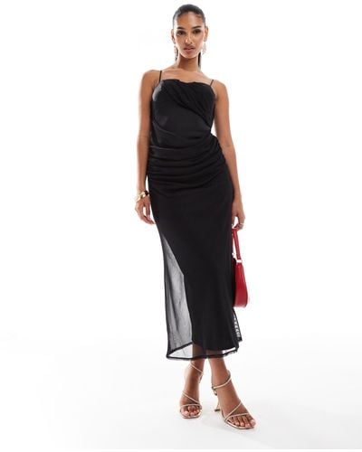 ASOS Manipulated Mesh Overlay Midi Dress With Cami Straps - Black