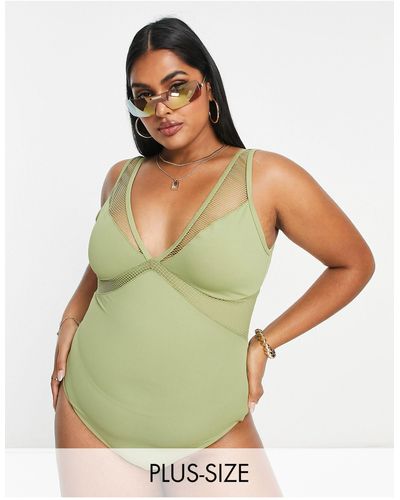 We Are We Wear Plus Deep Plunge Swimsuit With Mesh Insert - Green