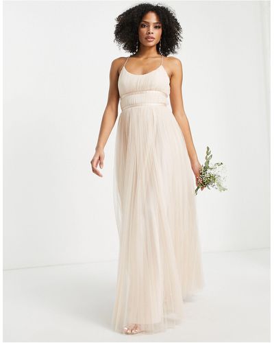 ASOS Bridesmaid Tulle Cami Maxi Dress With Satin Ribbon Waist Detail And Pleated Skirt - Natural