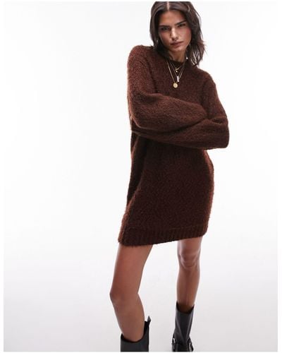 TOPSHOP Knitted Boucle Crew Neck Mini Dress - Brown