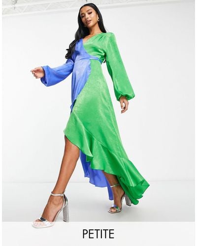 Flounce London Robe longue contrastante à volants et manches ballon - bleu et vert