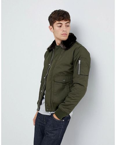 Schott Nyc Air Bomber Jacket With Detachable Faux Fur Collar In Green/brown
