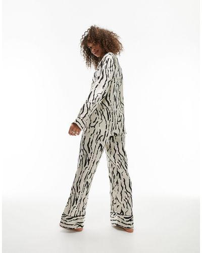 TOPSHOP Abstract Tiger Print Satin Piped Shirt And Trousers Pyjama Set - White