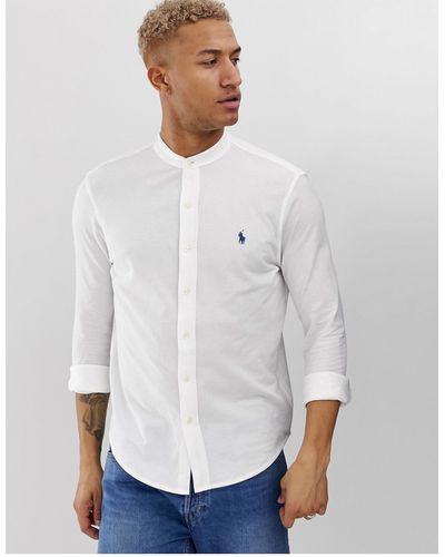 Polo Ralph Lauren Player Logo Grandad Collar Pique Shirt Slim Fit - White
