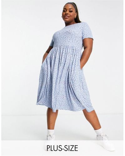 Simply Be Smock Midi Dress With Pockets - Blue