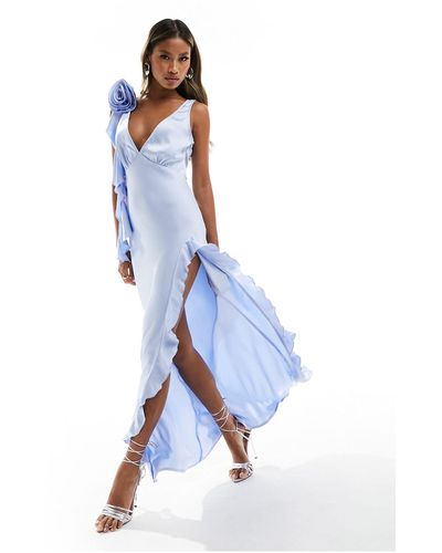 Love Triangle Satin Plunge Maxi Dress With Corsage - Blue
