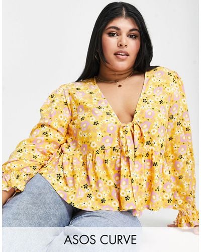 ASOS Curve Long Sleeve Tie Front Shirred Cuff Blouse - Yellow