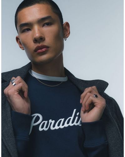 TOPMAN Oversized Fit Sweatshirt With Paradise Embroidery - Blue