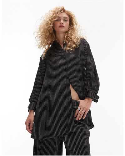 TOPSHOP Oversized Stripe Satin Shirt - Black