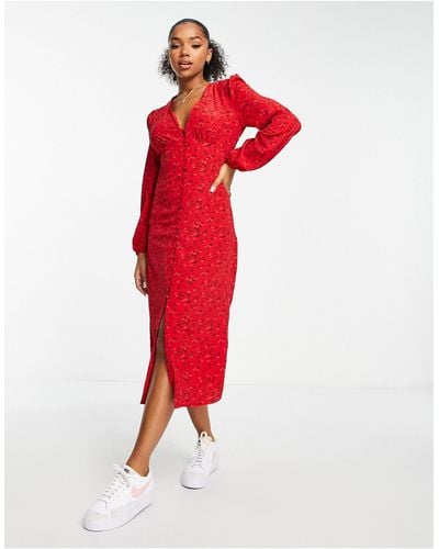 Glamorous Balloon Sleeve V Neck Midi Dress - Red