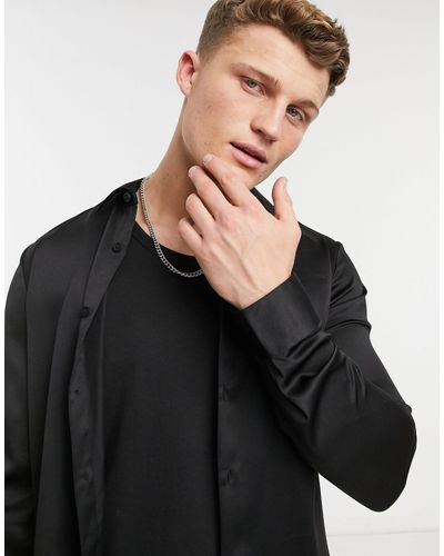 New Look Satijnen Overhemd Met Lange Mouwen - Zwart