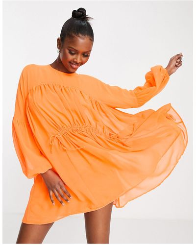 ASOS Neon Oversized Mini Smock Dress With Gathered Waist - Orange