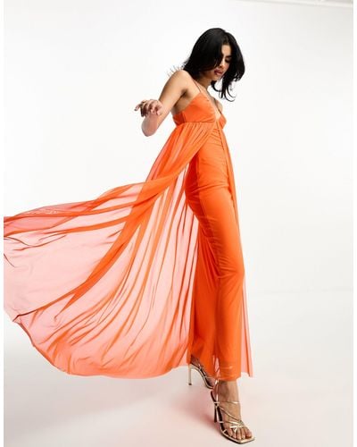 ASOS Cami Mesh Overlay Skater Maxi Dress - Orange