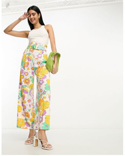 ASOS Oversized Floral Printed Paperbag Waist Wide Leg Trouser With Linen - Multicolor