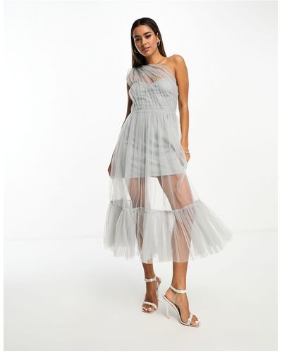 LACE & BEADS Bridesmaid Sheer One Shoulder Tulle Midi Dress - White