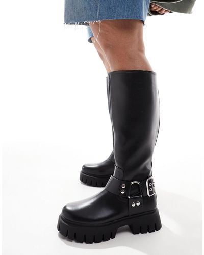 ASOS Curve Cady Knee High Harness Biker Boots - Black